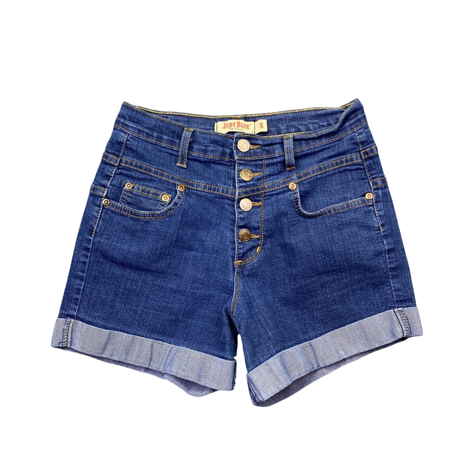 Vtg Judy Blue High Waisted Button Fly Denim Shorts Dark Wash Cuffed Size S Usa